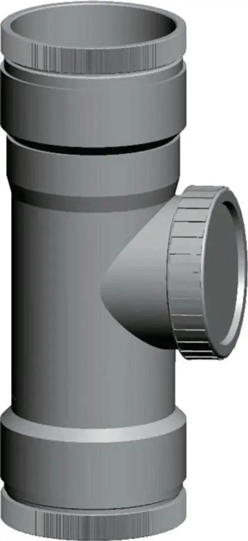 Revisionsrohr aus PP mit einem seitlichen Anschluss, hergestellt von Wolf, zur Verwendung in Abwassersystemen. Flexibles Design zur einfachen Installation.